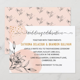 Convite Casamento de pontos Dourados com Flor Rosa e Preto