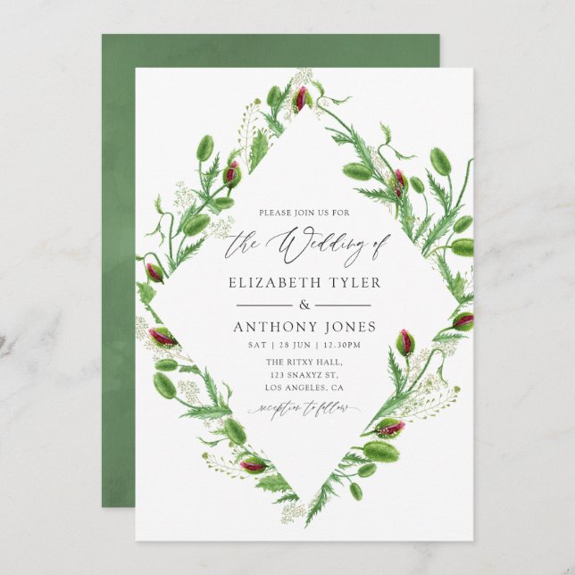 Convite Casamento de Poppias Rosa-d'Água (Frente/Verso)