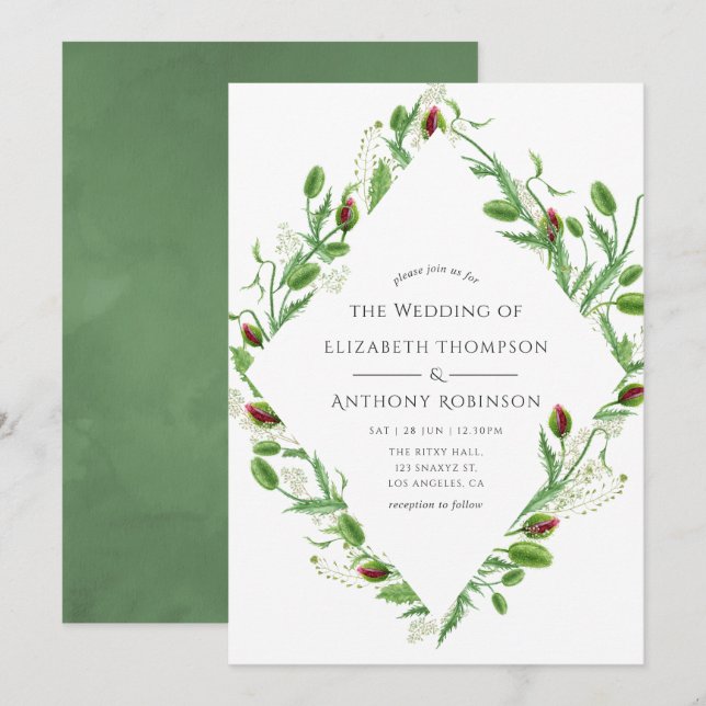 Convite Casamento de Poppias Rosa-d'Água (Frente/Verso)