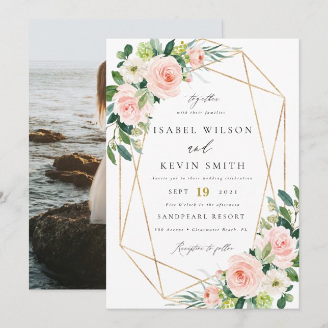 Convite Casamento de porta-flores com Blush Geométrico (Frente/Verso)