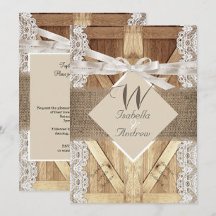 Convite Casamento de porta rustica Beige White Lace Madeir