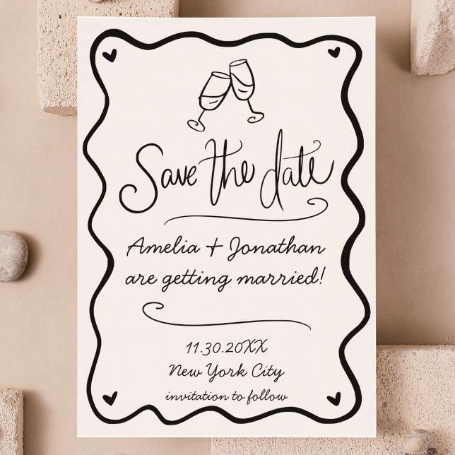 Convite Casamento de Portas Ondas de Mão Desenhada Salve A (hand drawn squiggle wavy doodle save the date photo invitation quirky wedding save the date cheers )