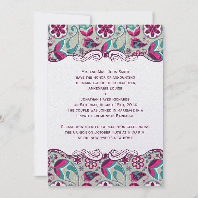 Convite Casamento de Posto de Paisley com Teal Rosa Quente (Frente)
