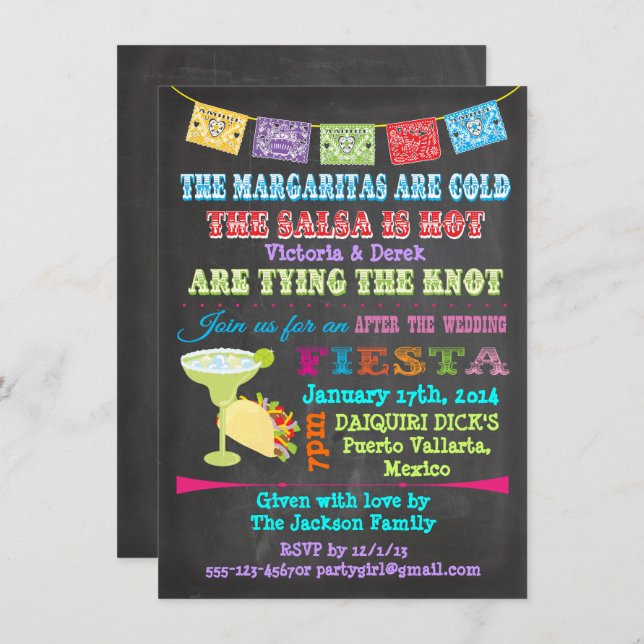 Convite Casamento de Posto Fiesta Mexicano Chalkboard (Frente/Verso)