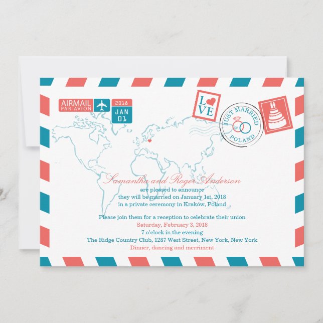 Convite Casamento de Posto Polônia Coral e Teal Airmail (Frente)