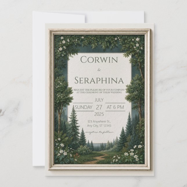 Convite Casamento de Prado Florestal com Moldura de Marfim (Frente)