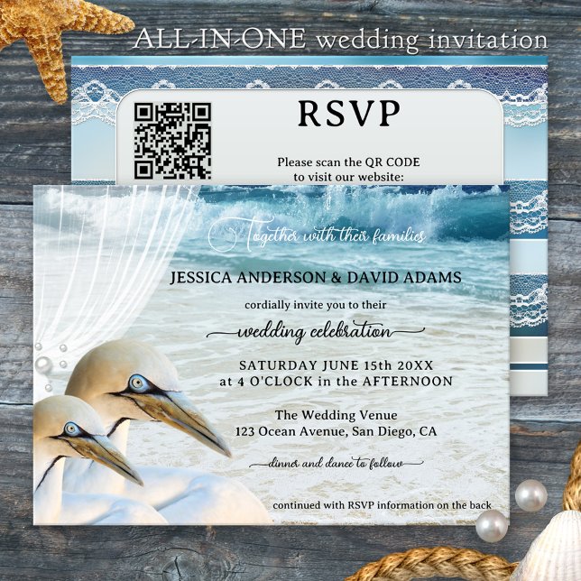 Convite Casamento de Praia All-in-One do Modern Gannets (Beach or destination wedding invitation featuring two gannets - unique romantic invite)
