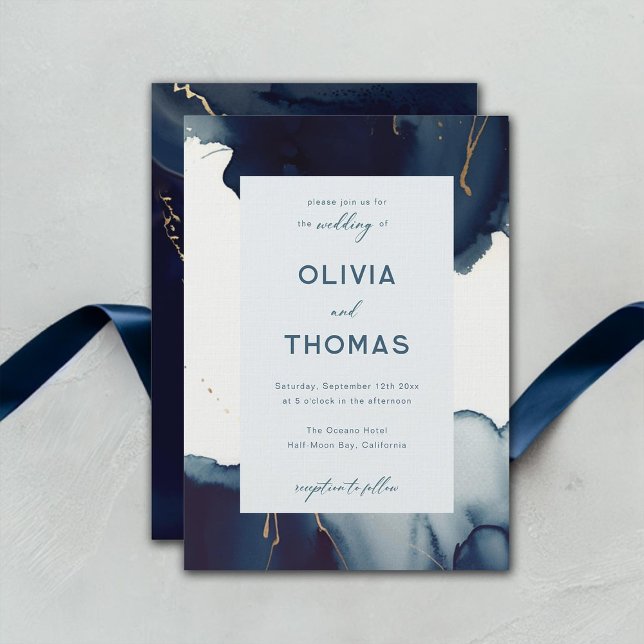 Convite Casamento de praia Bohemian Dourada com Teal Azul  (navy blue gold wedding invitation modern romantic elegant bohemian simple classy luxury chic winter)