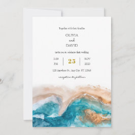 Convite Casamento de Praia com Aquarela de ouro e Turquois