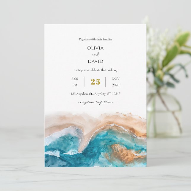 Convite Casamento de Praia com Aquarela de ouro e Turquois (Em pé/Frente)