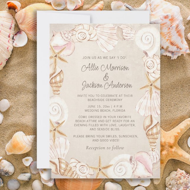 Convite Casamento de praia com areia costeira (Beach, seashells, and starfish wedding invitation)