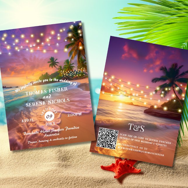 Convite Casamento de Praia com Código QR Tropical Sunset (Criador carregado)