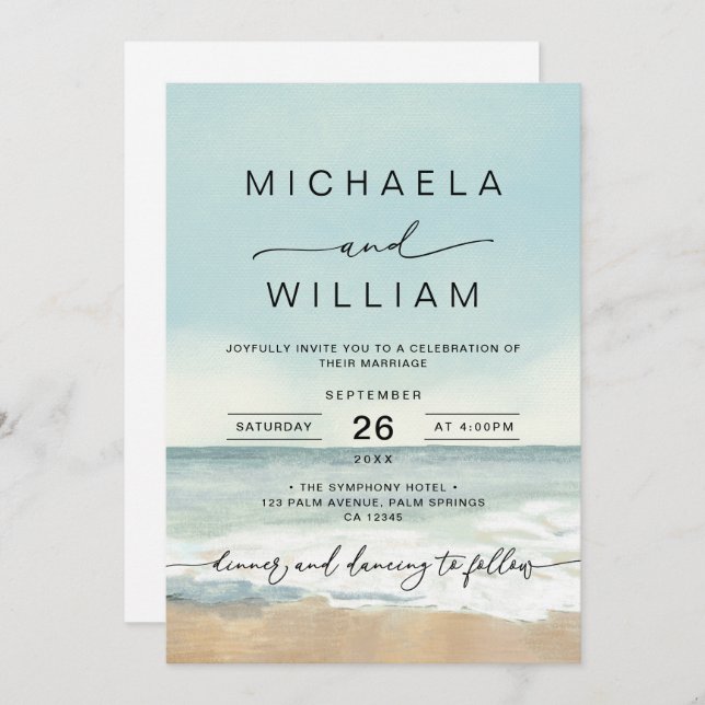 Convite Casamento de Praia com Destino de Aquarelas Modern (Frente/Verso)