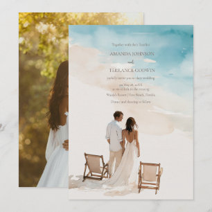 Convite Casamento de Praia com Noiva e Noivo em Aquarela E