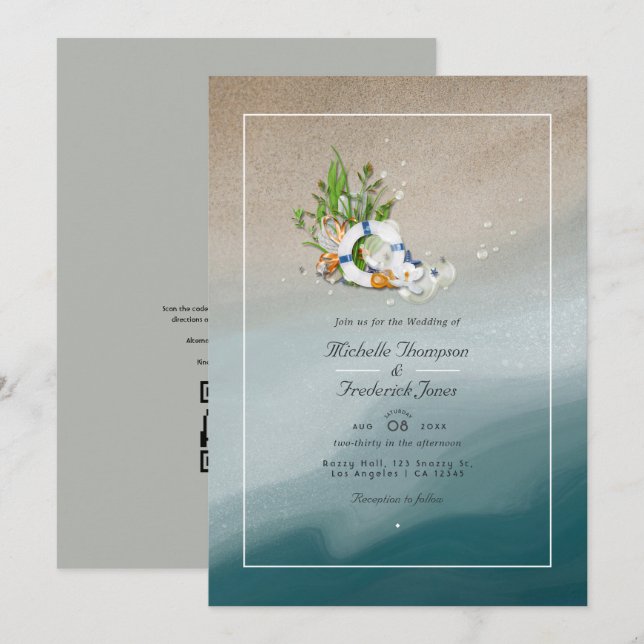 Convite Casamento de Praia com QR Code para RSVP de Verão  (Frente/Verso)