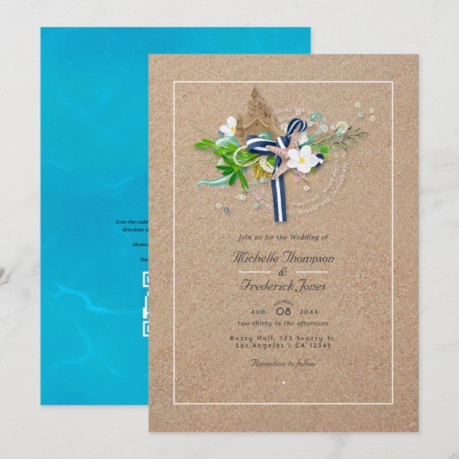 Convite Casamento de Praia com QR Code para RSVP de Verão  (Frente/Verso)