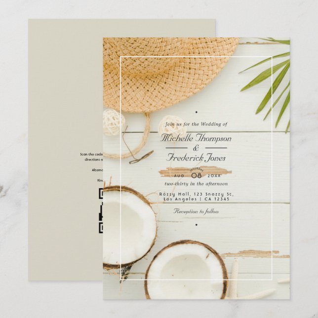 Convite Casamento de Praia com QR Code RSVP Verão Rústico (Frente/Verso)