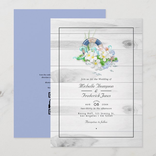 Convite Casamento de Praia com QR Code RSVP Verão Rústico (Frente/Verso)