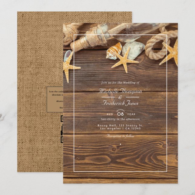 Convite Casamento de Praia com RSVP por Código QR Rústico (Frente/Verso)
