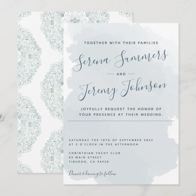 Convite Casamento de praia com Wash Beach de Cor Azul Mode (Frente/Verso)