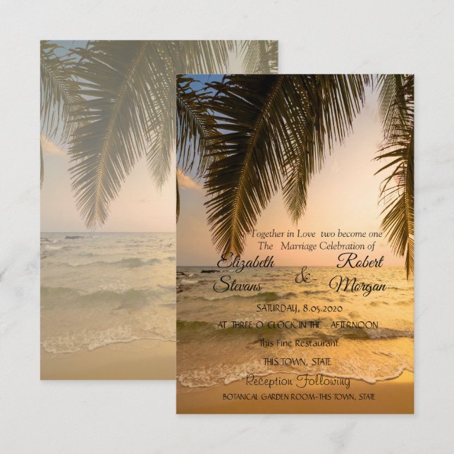 Convite Casamento de Praia,Convite Sunset Palm (Frente/Verso)