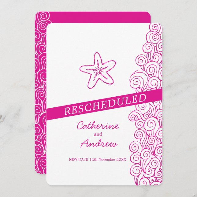 Convite Casamento de praia cor-de-rosa, reagendado para o  (Frente/Verso)