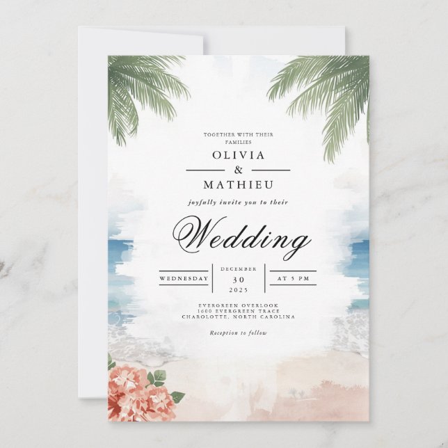 Convite Casamento de Praia da Palm Breeze Costeira (Frente)