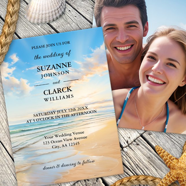 Convite Casamento de Praia de Aquarela Costeira Elegante (A coastal photo wedding invitation featuring a watercolor painting of a beach on a sunny day)