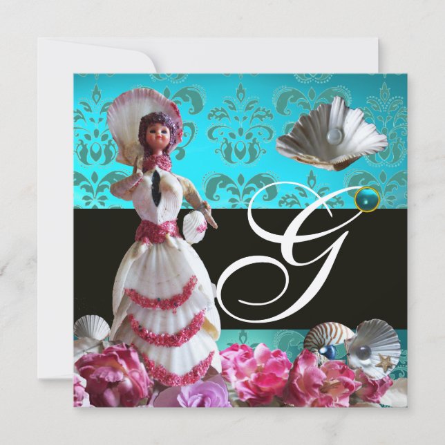 CONVITE CASAMENTO DE PRAIA DE DAMASK AZUL - MONOGRAMA DE C (Frente)