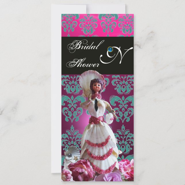 CONVITE CASAMENTO DE PRAIA DE DAMASK AZUL - MONOGRAMA DE C (Frente)