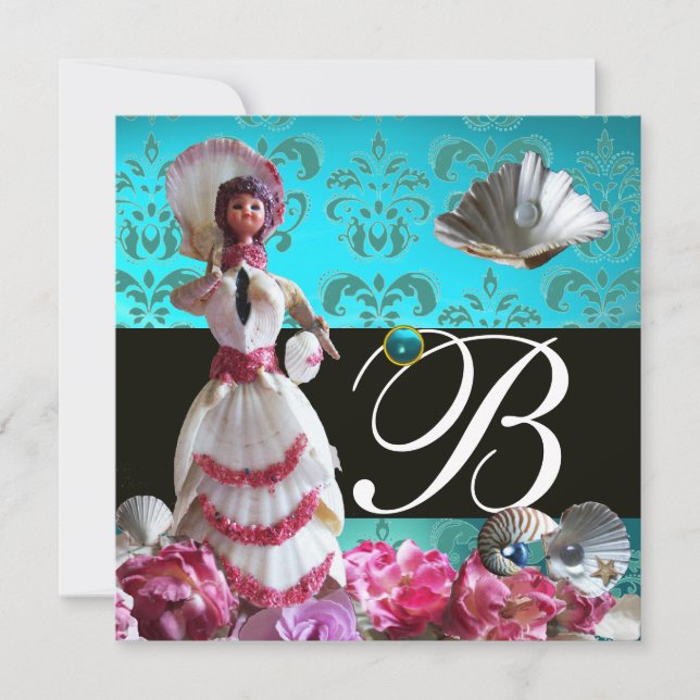 CONVITE CASAMENTO DE PRAIA DE DAMASK AZUL - MONOGRAMA DE C (Frente)