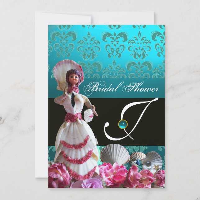 CONVITE CASAMENTO DE PRAIA DE DAMASK AZUL - MONOGRAMA DE C (Frente)