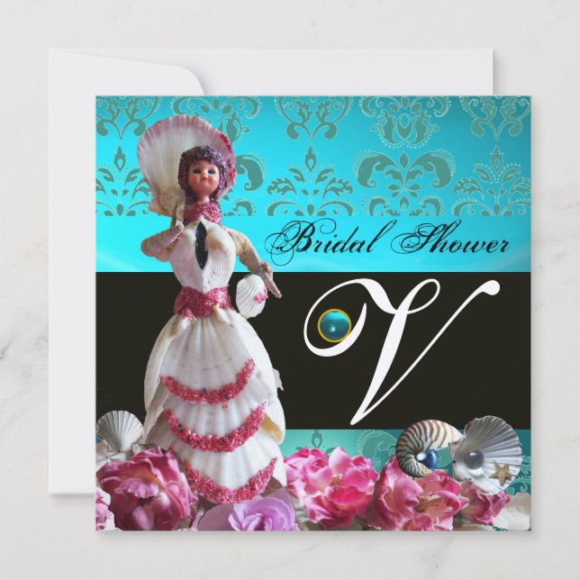 CONVITE CASAMENTO DE PRAIA DE DAMASK AZUL - MONOGRAMA DE C (Frente)