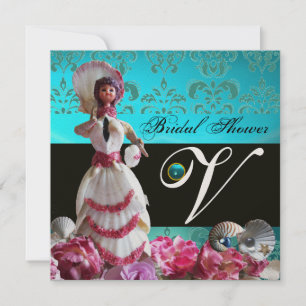 CONVITE CASAMENTO DE PRAIA DE DAMASK AZUL - MONOGRAMA DE C