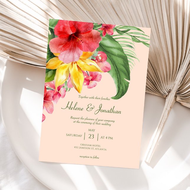 Convite Casamento de Praia de Destino Coral Tropical (Tropical Floral Colorful Destination Beach Wedding Invitation)