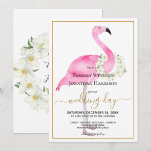 Convite Casamento de Praia de Flamingo Magnolias, Rosa Tro