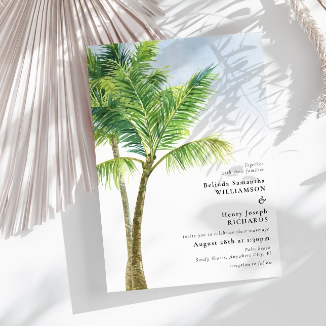 Convite Casamento de Praia de Palm Tree Watercolor Elegant (Criador carregado)