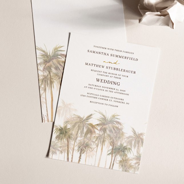 Convite Casamento de Praia de Palmeiras Costeiras (Coastal Palm Trees Watercolor Modern Wedding Invitation)