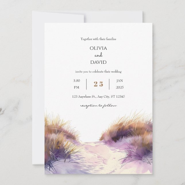 Convite Casamento de Praia de Sandy Dunes Sunset ouro Roxo (Frente)