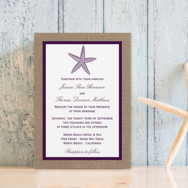 Convite Casamento de Praia de Starfish Burlap | Escolha su (Criador carregado)