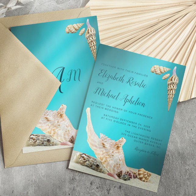 Convite Casamento de Praia de Teal Blue Aqua Seashell (Criador carregado)