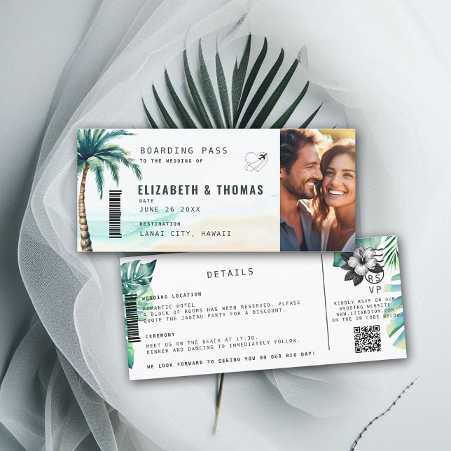 Convite Casamento de praia de travessia de destino tropica (destination wedding invitation tropical hawaii boarding pass botanical palm tree watercolor)