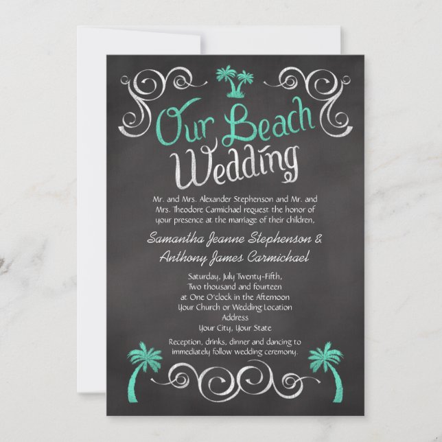 Convite Casamento de Praia de Tree Palm Tree Chalkboard Tu (Frente)
