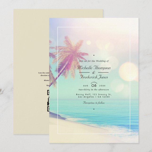 Convite Casamento de Praia de Verão com Código QR para RSV (Frente/Verso)