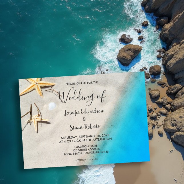 Convite Casamento de praia de verão com estrelas-do-mar (Tropical ocean sand starfish summer beach wedding invitation.)