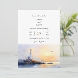 Convite Casamento de Praia de Watercolor do Farol do ouro