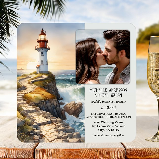Convite Casamento de Praia do Farol de Aquarela (Coastal wedding invitation featuring your photo on a watercolor painting of a lighthouse at sunset)