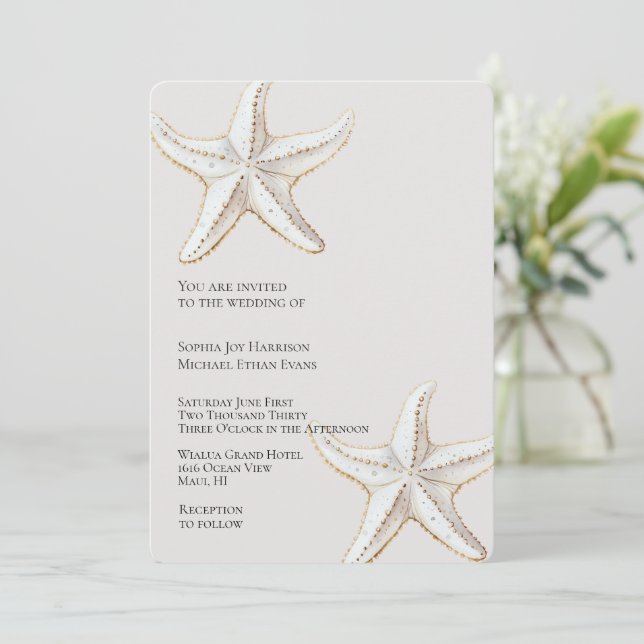 Convite Casamento de Praia Dourada de Starfish Branco Trop (Em pé/Frente)