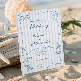 Convite Casamento de Praia Dusty Blue Costeiro Desenhado à