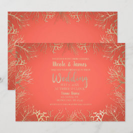 Convite Casamento de Praia Elegante Laranja Coral Dourado 
